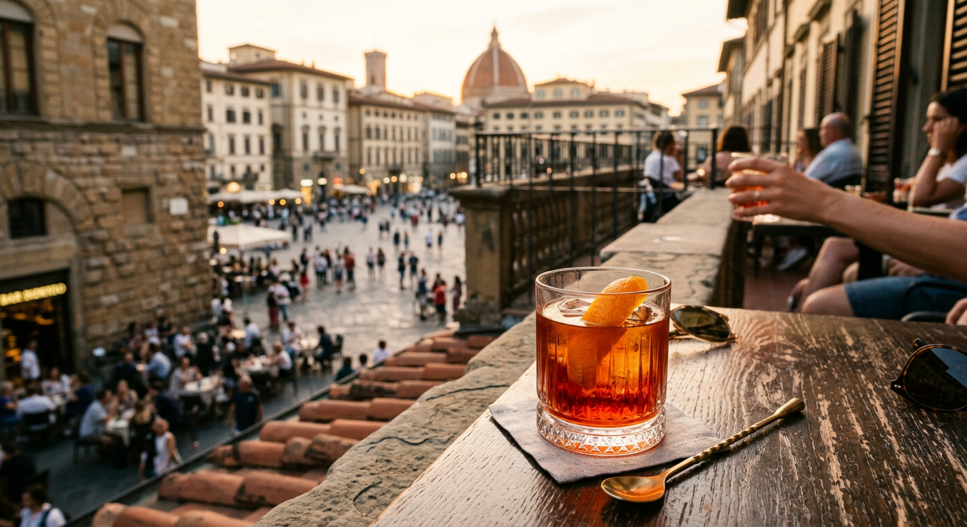 A perfectly crafted Negroni resting on a sunlit terrace